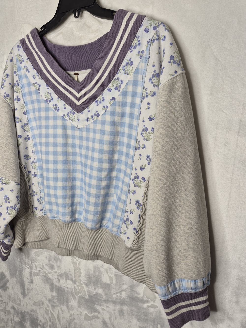Free People Lucy Patchwork Gingham Floral Varsity V-Neck Sweatshirt Medium - Picture 3 of 15